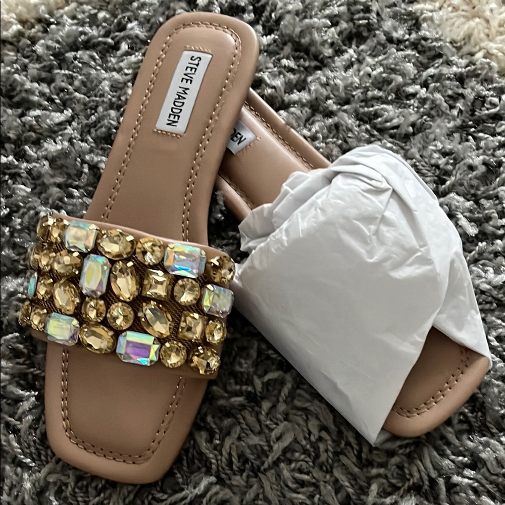 Steve Madden Gold and White Embellished Slides
